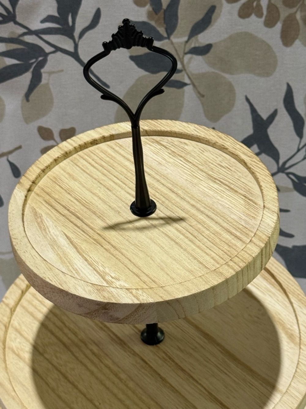 3-Tier Wooden Serving Stand - light color Natural Wood with Black accessories. - Picture 3 of 4